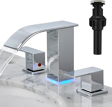 LED Bathroom Faucet 3 Hole, Chrome Waterfall Bathroom Faucets, 8 Inch Widespread Modern Bathroom Sink Faucet & Parts, Wide Spread Touch On Three Hole 2 Handle 3 Piece Bathroom Vanity Faucet