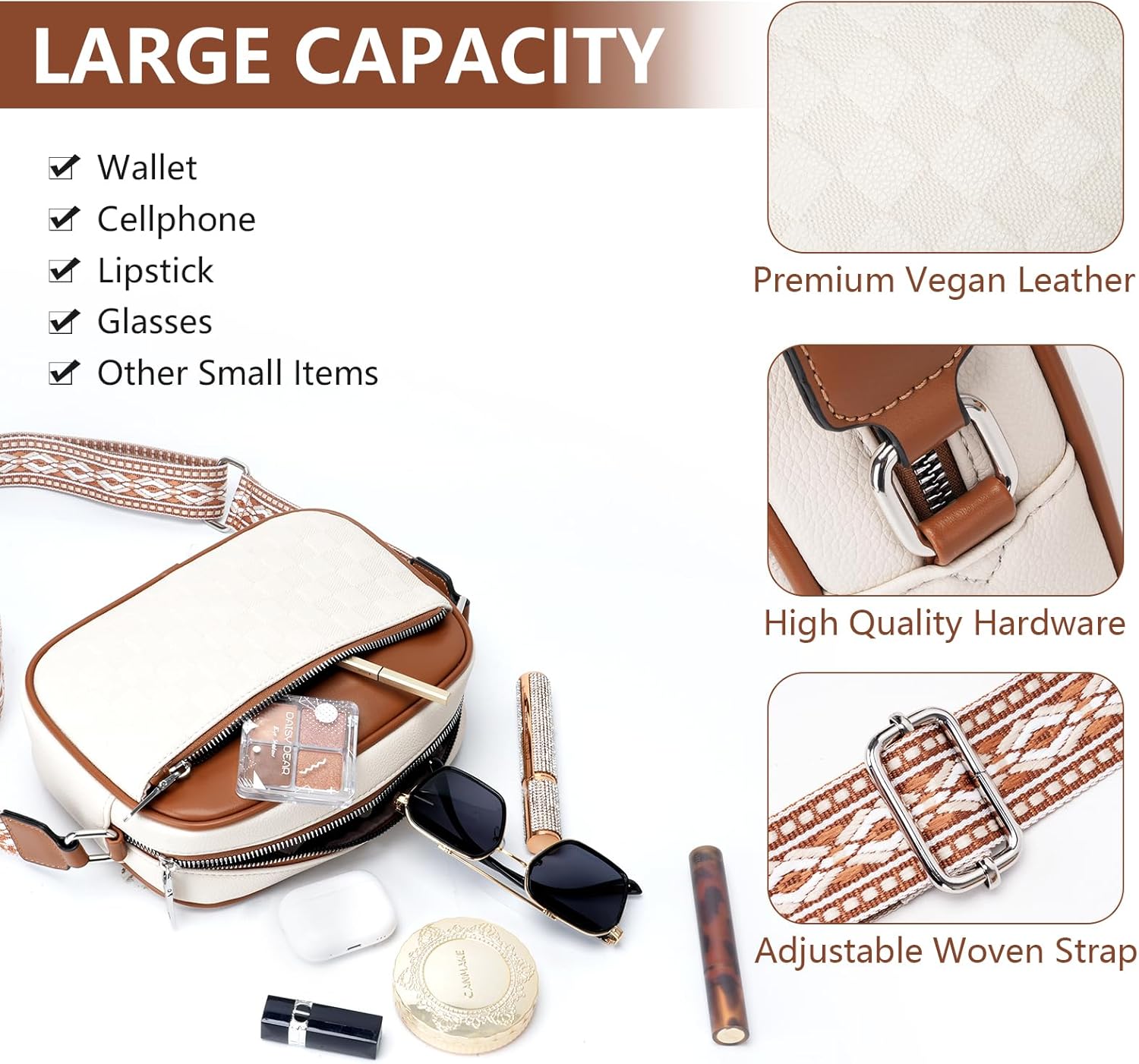 Macadamla Crossbody Bag for Women Vegan Leather Small Crossbody Shoulder Bag with Adjustable Wide Strap