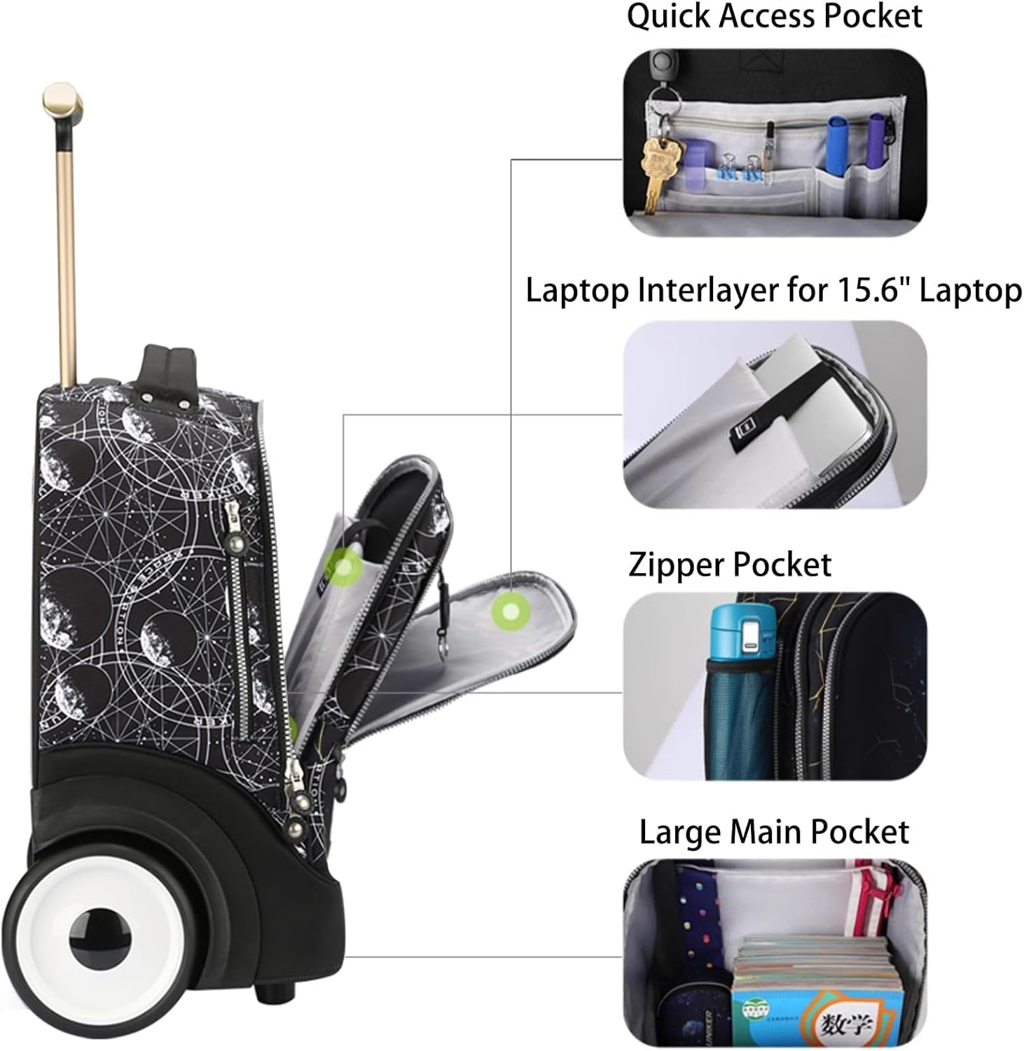 UNIKER Rolling Bag with Quiet Glide Wheels, 40L Water Resistant Wheeled Laptop Backpack, Silent Wheel Travel Backpack for Women Men, T5- Space Station