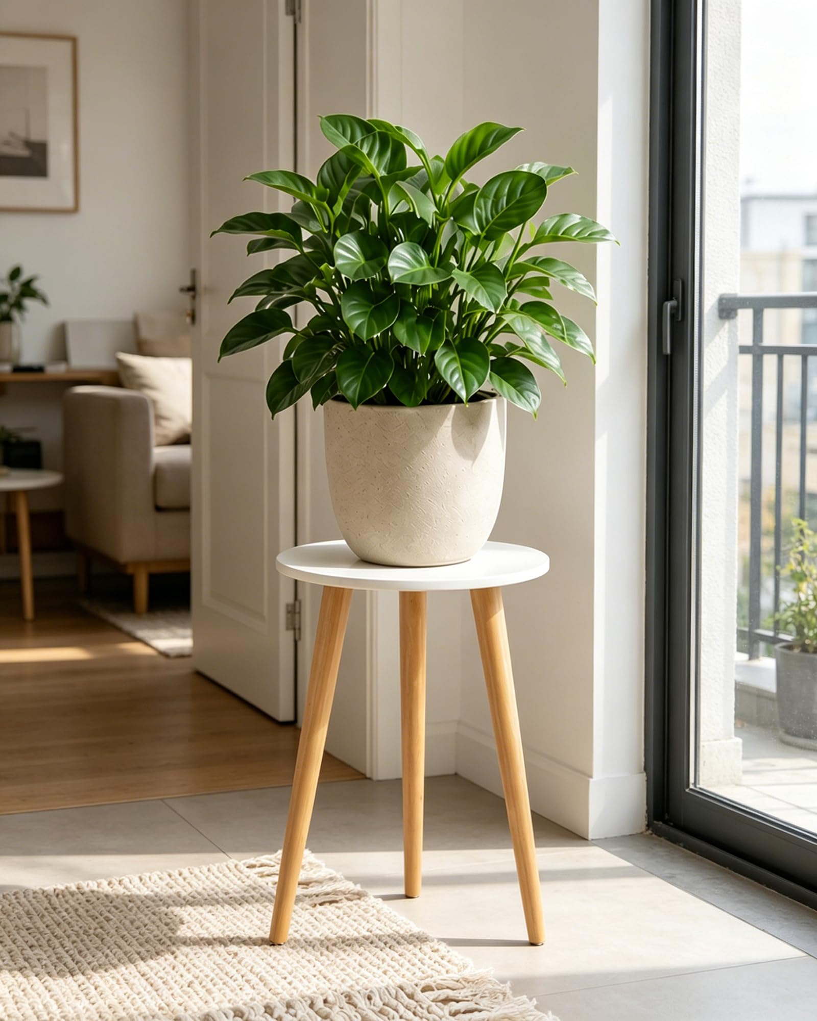 Bamworld Soporte para Plantas, Estante Redondo de Madera para Macetas Blanco, Soporte para Plantas de Interior de 42 cm de Alto, Mesita Decorativa de Estilo Mid-Century para Sala de Estar y Dormitorio