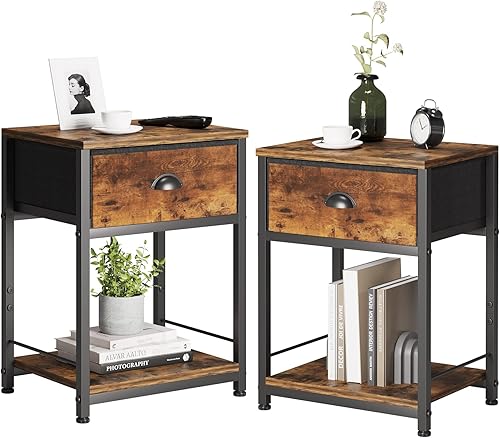 Mesitas de noche con cajones de tela, mesitas de noche modernas para dormitorio, marco de metal industrial, 2 piezas, color marrón