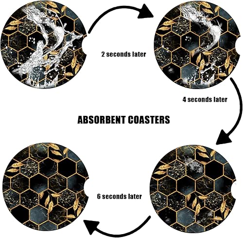 Miniatura 6 de Portavasos para automóvil, posavasos de cerámica absorbente con hojas de mármol negro, portavasos para bebidas, accesorios para automóviles para