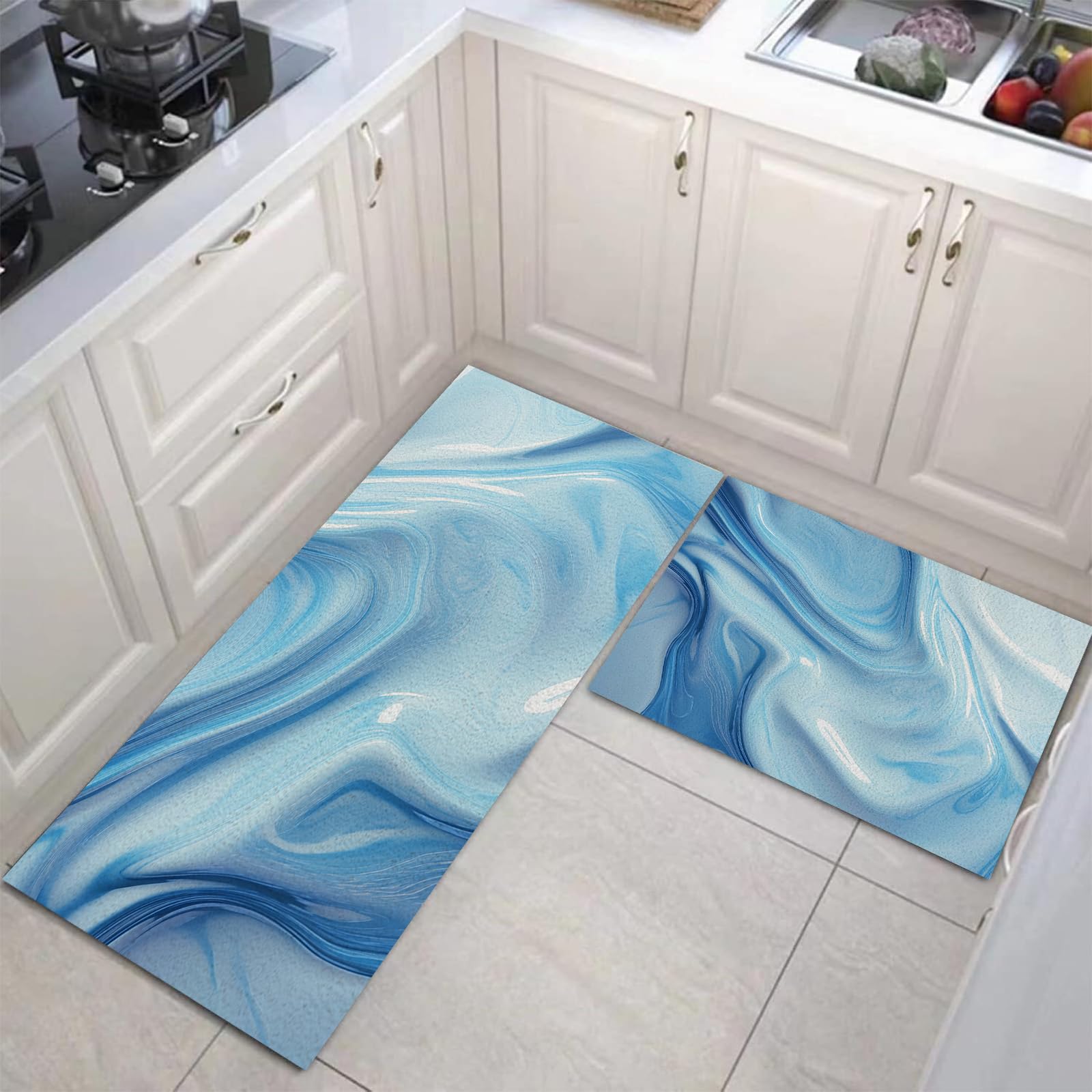 Tapis de cuisine lavables antidérapants bleu indigo 40x60cm et 40x120cm