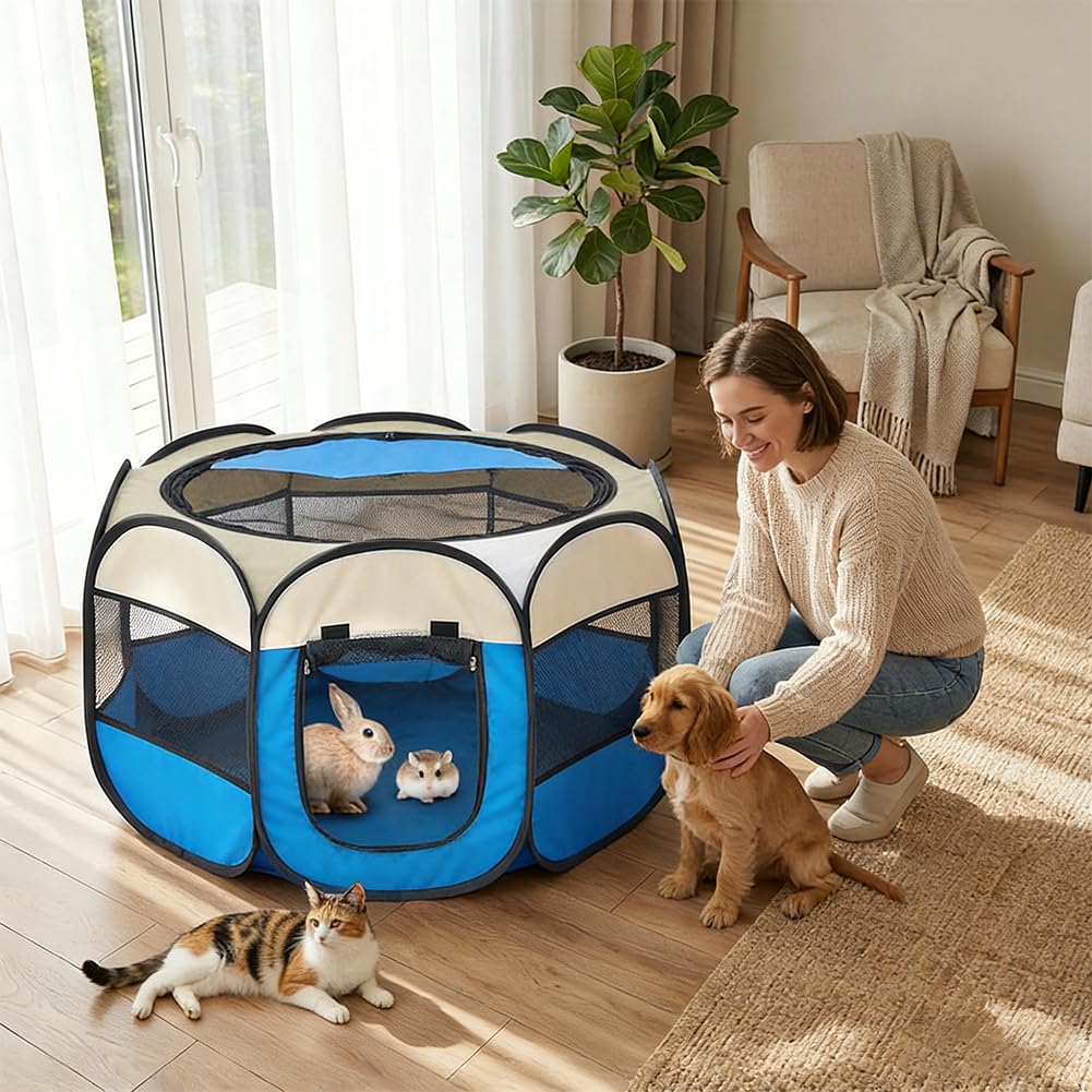 Box per cuccioli, pattina per cuccioli, 74 x 74 x 43 cm, pieghevole, per cani, gatti, cuccioli, interni ed esterni (beige-blu)