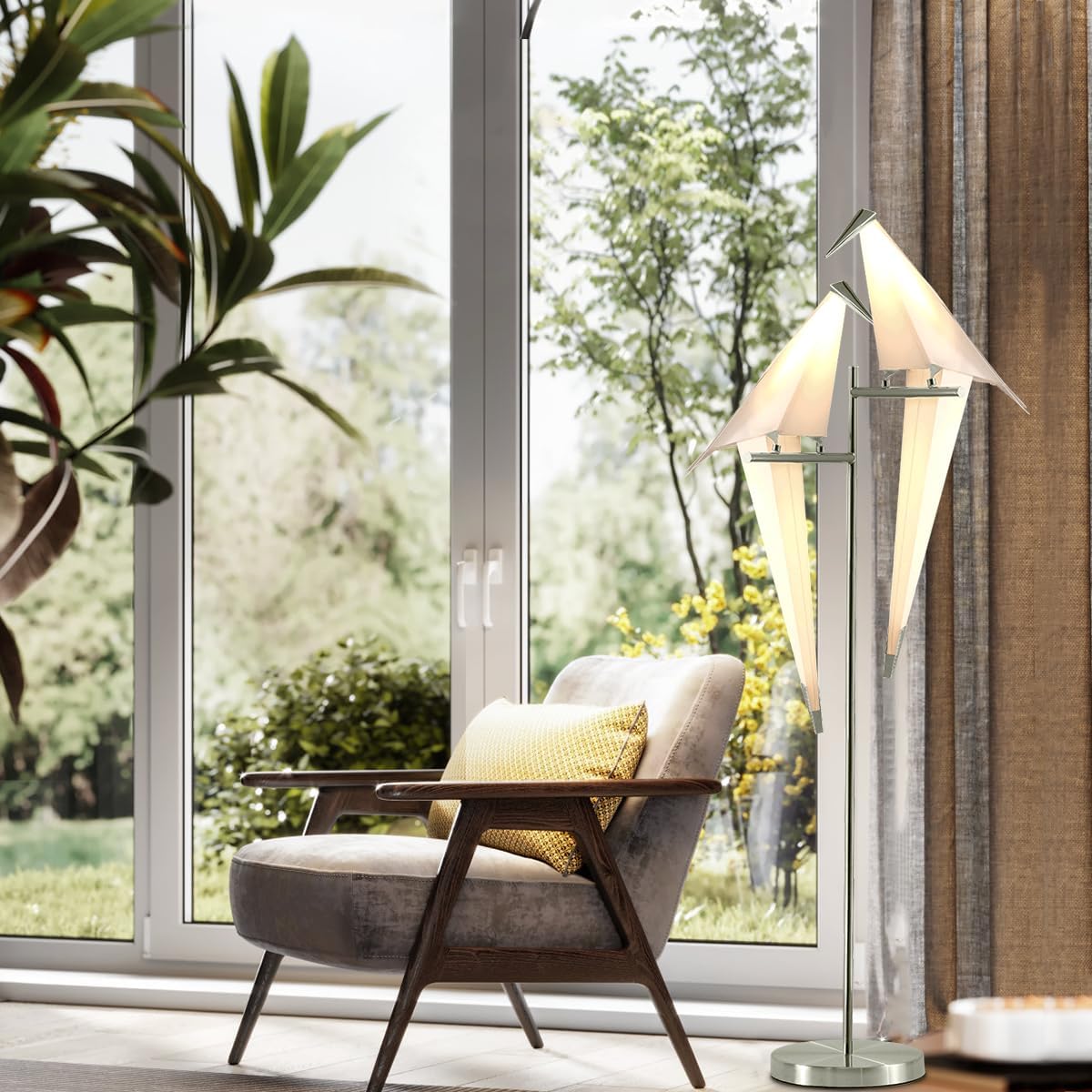Double Headed Paper Crane Floor Lamp, Modern Creative Paper Bird LED Floor Lamp, Silver Bedroom Bedside Lamp, Study Room Reading Lamp, for Living Room, Study, Bedroom, Dressing Room