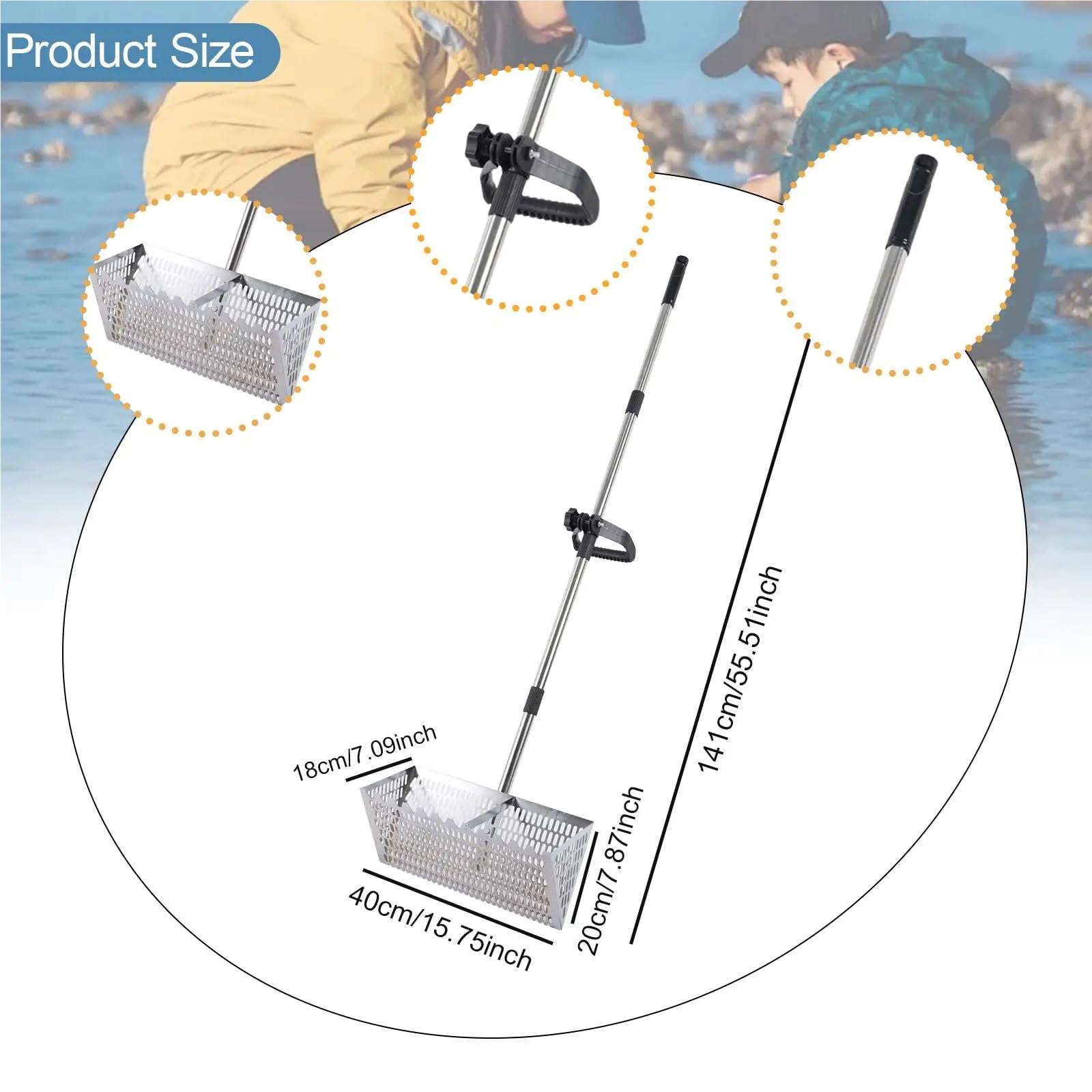 Rastrillo per pulci di sabbia Rastrello for pulci di sabbia, pala da spiaggia affilata, ergonomico, in acciaio inossidabile, acchiappa granchi, portatile, con manico lungo, setaccio for