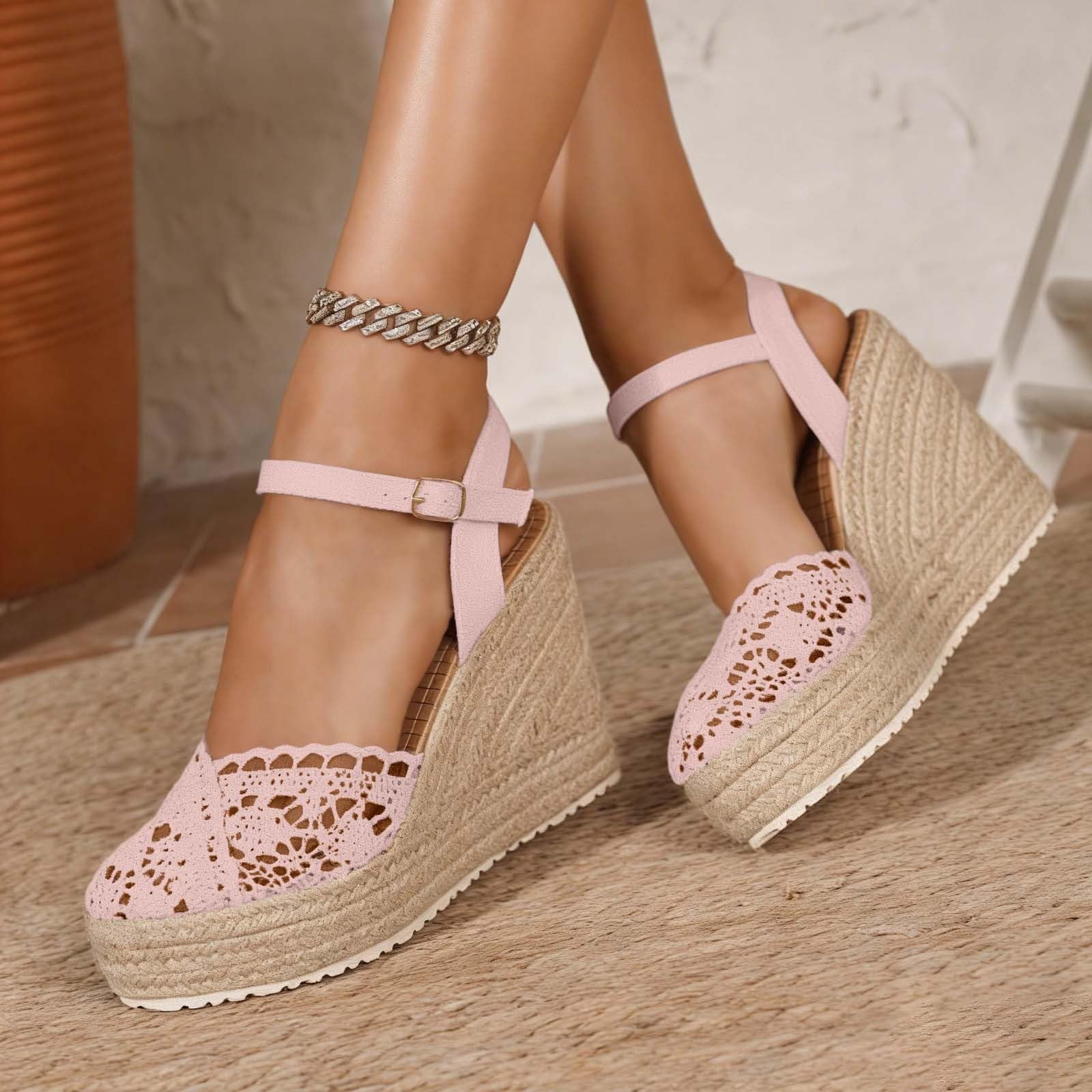 Scarpe estive da donna con plateau in pizzo con lacci e punta chiusa, suola leggera, look arioso, comode scarpe estive, eleganti scarpe casual per vacanze, spiaggia e tutti i giorni