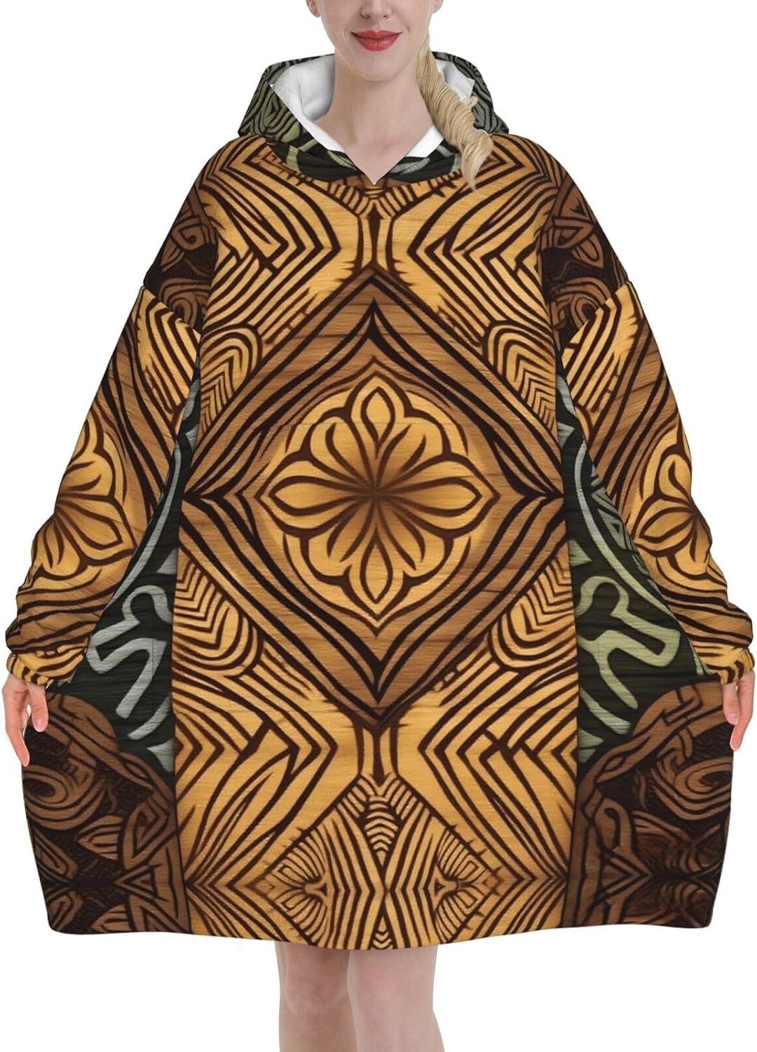 Hawaiian Tapa Honu Turtle Print Blanket Hoodie Fleece Sweatshirt Blanket With Sleeves And Pockets
