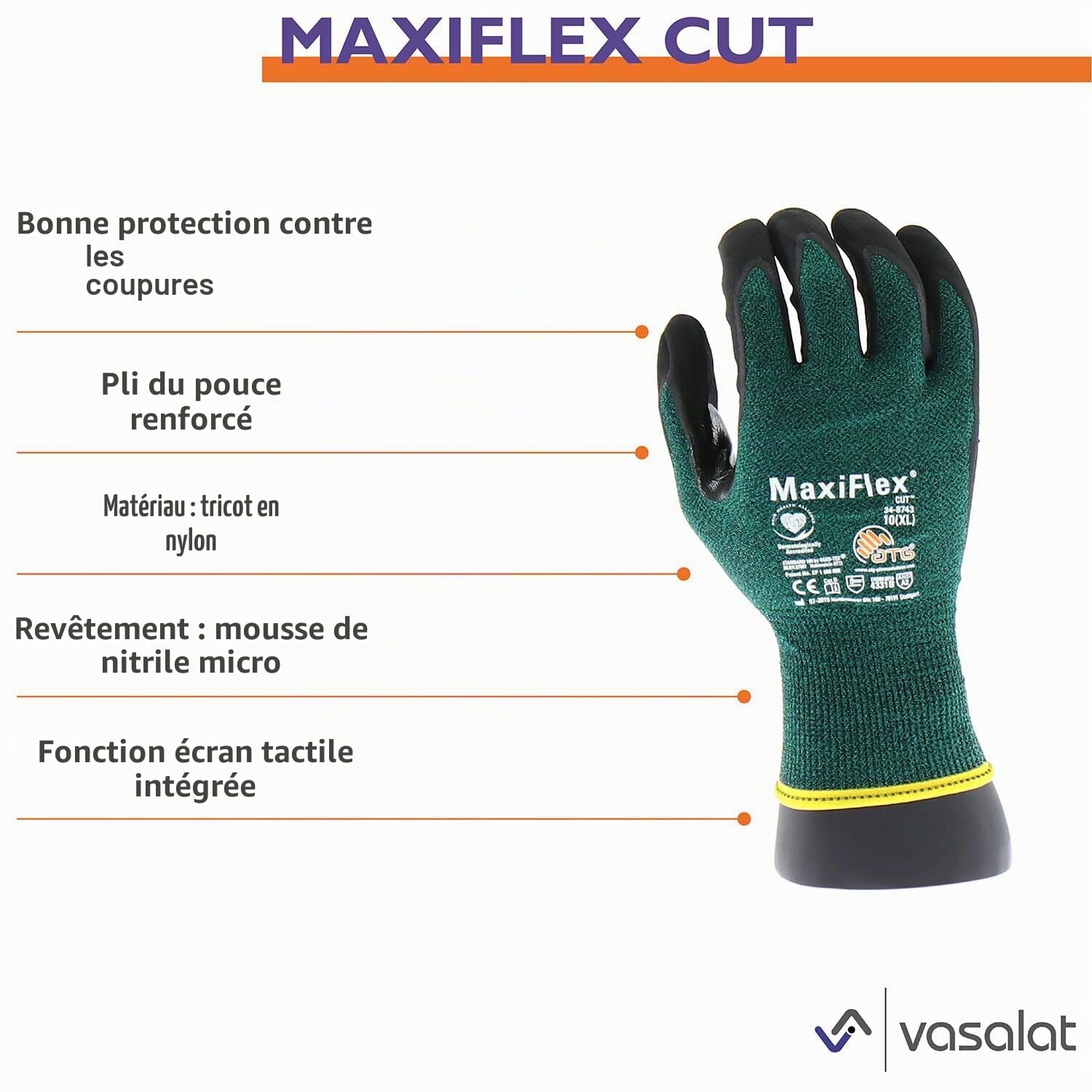 ATG Lot de 5 paires de gants de protection contre les coupures ATG Maxiflex Cut Taille 10 XL