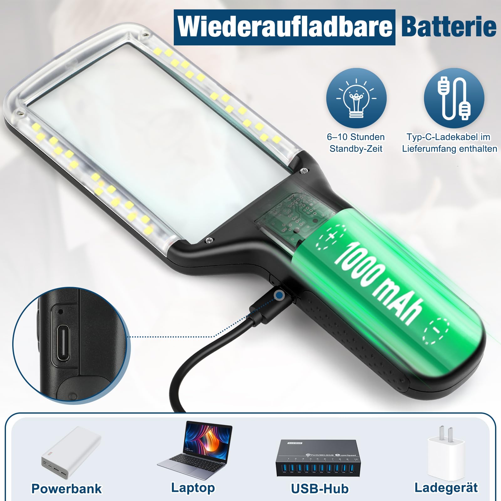 Lupe mit Licht aus Optisches Glas, 15-fache Leselupe mit Licht für Senioren groß, Typ-C-Aufladung, 3 Farbmodi, Handlupe, dimmbare beleuchtete Lupe, Lesehilfe für Bücher, Arbeit, Sehschwäche