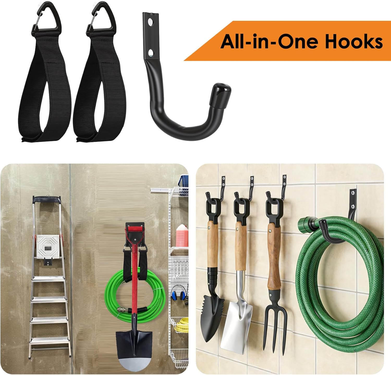 14" Garage Hooks Heavy Duty 8-Pack - Garage Storage System Hooks, Ladder Hooks for Garage Wall & Broom Holder Wall Mount | Non-Slip Tire Rack & Heavy Duty Wall Hooks for Hanging Ladders, Chairs.