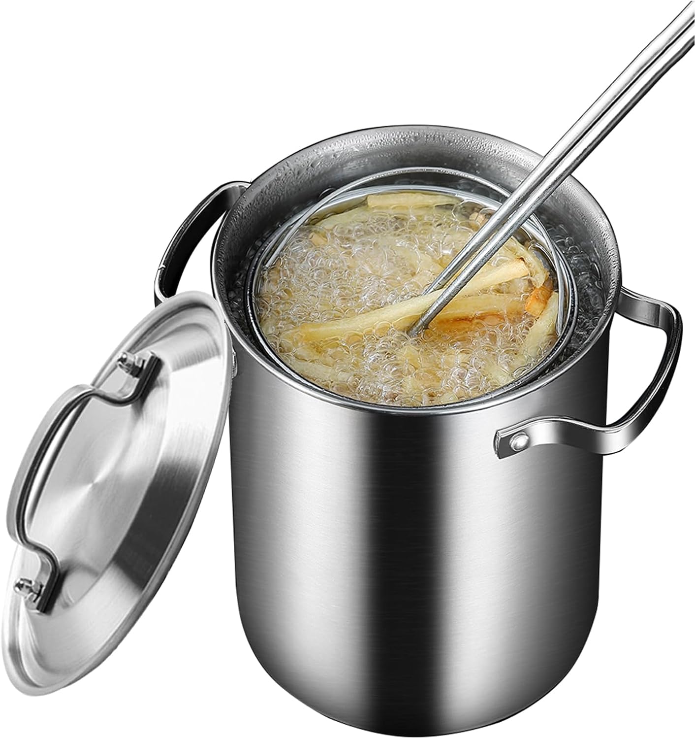 Stainless Steel Vegetable Asparagus Steamer Pot 4L Deep Fryer/Frying Pot with Strainer Basket and Lid - Spaghetti Pasta Cooker Stock Pot for Home, Tempura Chips, Fries, Fish, and Chicken