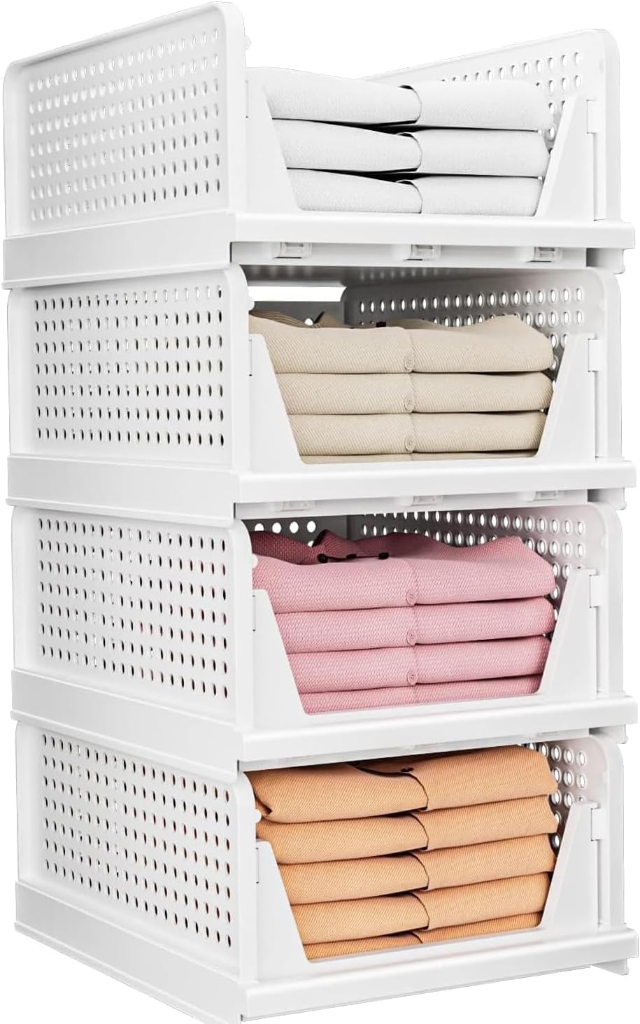 Jorunb Stackable Clothes Plastic Storage Basket,Foldable Closet Organizer Shelf Cloth Holder,Drawer Shelf Storage Container for Wardrobe Cupboard Bathroom Office (4)
