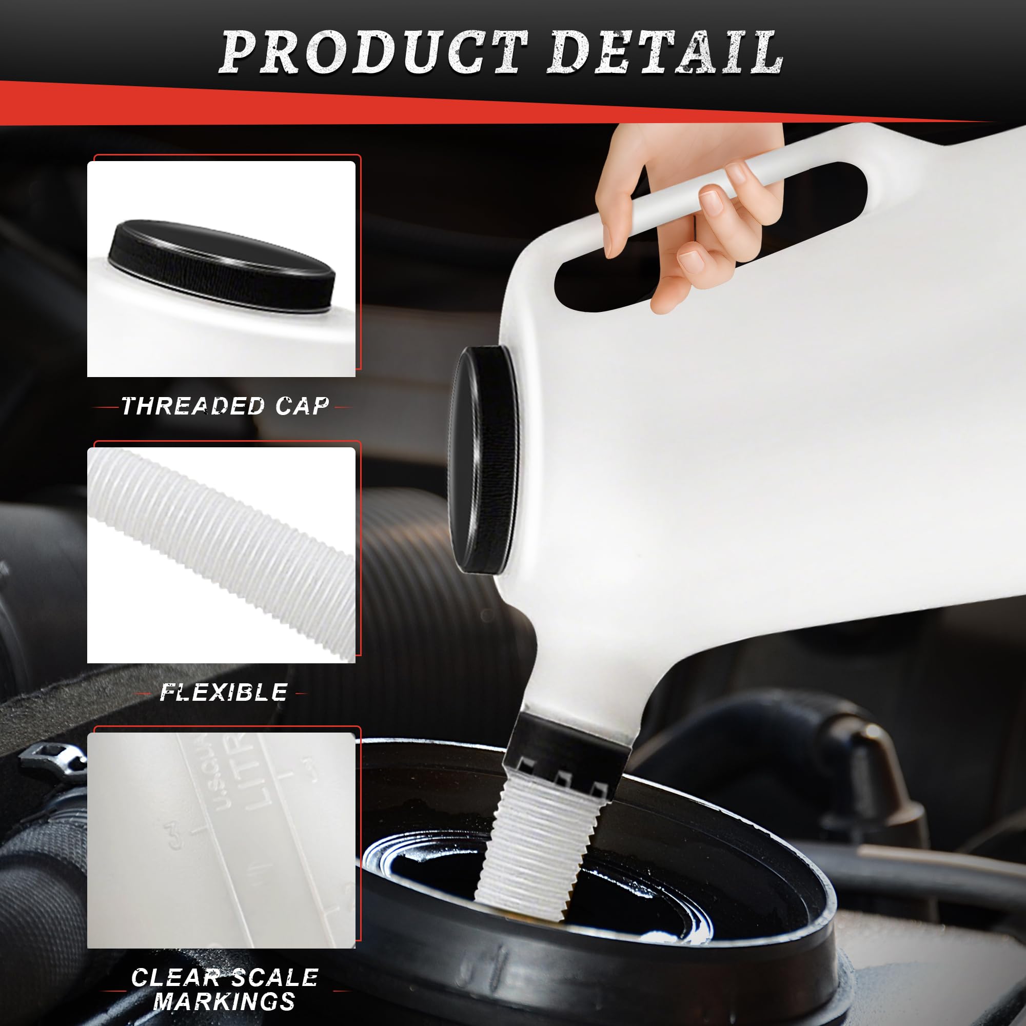 Juego de jarra de aceite de 5 cuartos y 10 embudos – Contenedor de medición de aceite con tapa y boquilla flexible, kit de embudo automotriz para automóviles, camiones, motocicletas