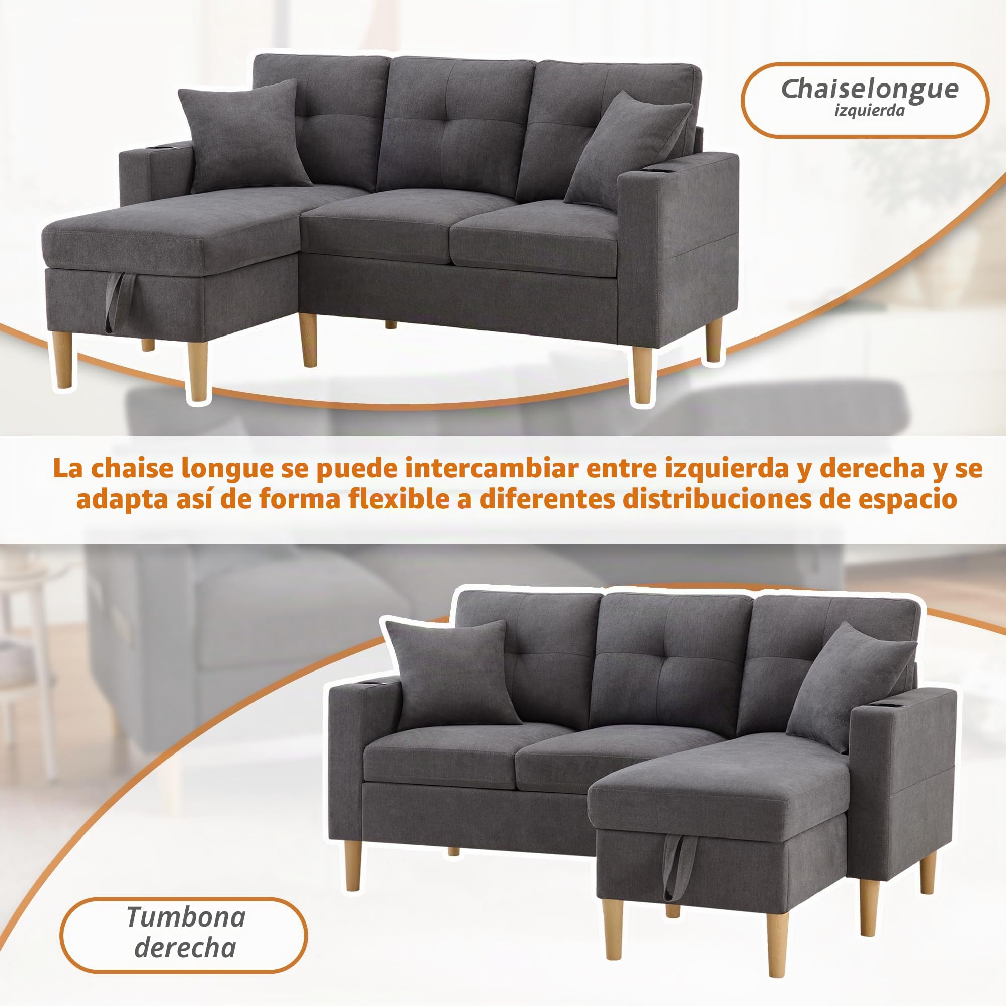 Sofá moderno en forma de L, sofá de 3 plazas con sillón reclinable con compartimento para objetos, portavasos, bolsillos laterales, 2 cojines, sofá esquinero, muebles de salón (gris)