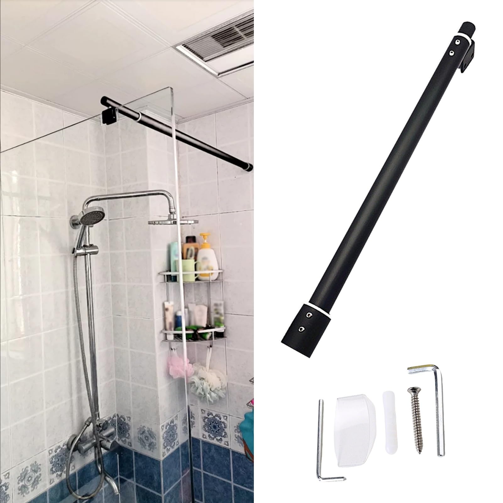 Shower Screen Support Bar Matte Black Shower Door Glass Support Bar Telescopic, Wall-to-Glass Bath Panel Stabilizer Brackets, No Drilling Enclosure Screen Brace Holder(Dia 19mm,L 30-50cm/11.8-19.6")