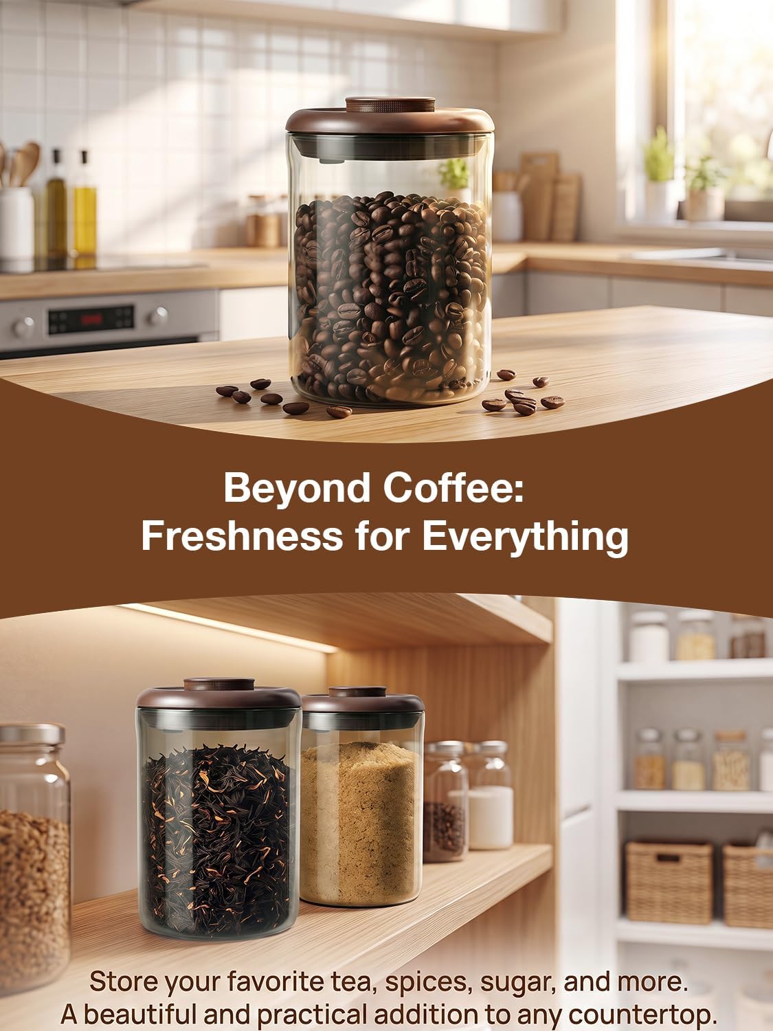 Danbark Amber Glass Coffee Canister with CO2 Release Valve - Airtight Storage Container for Coffee Beans & Ground Coffee, Pop-Top Design, Borosilicate Glass Jar for Kitchen Countertop, (Brown)