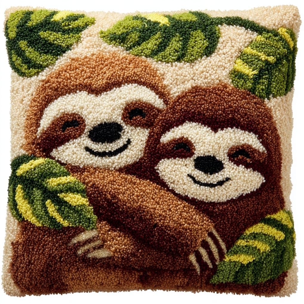 WallustrioaW Latch Hook Cushion kit,Two Adorable Sloths,DIY Rug Cushion kit - Latch Hook Pillow for Beginners - Christmas Craft Activity,17x17in