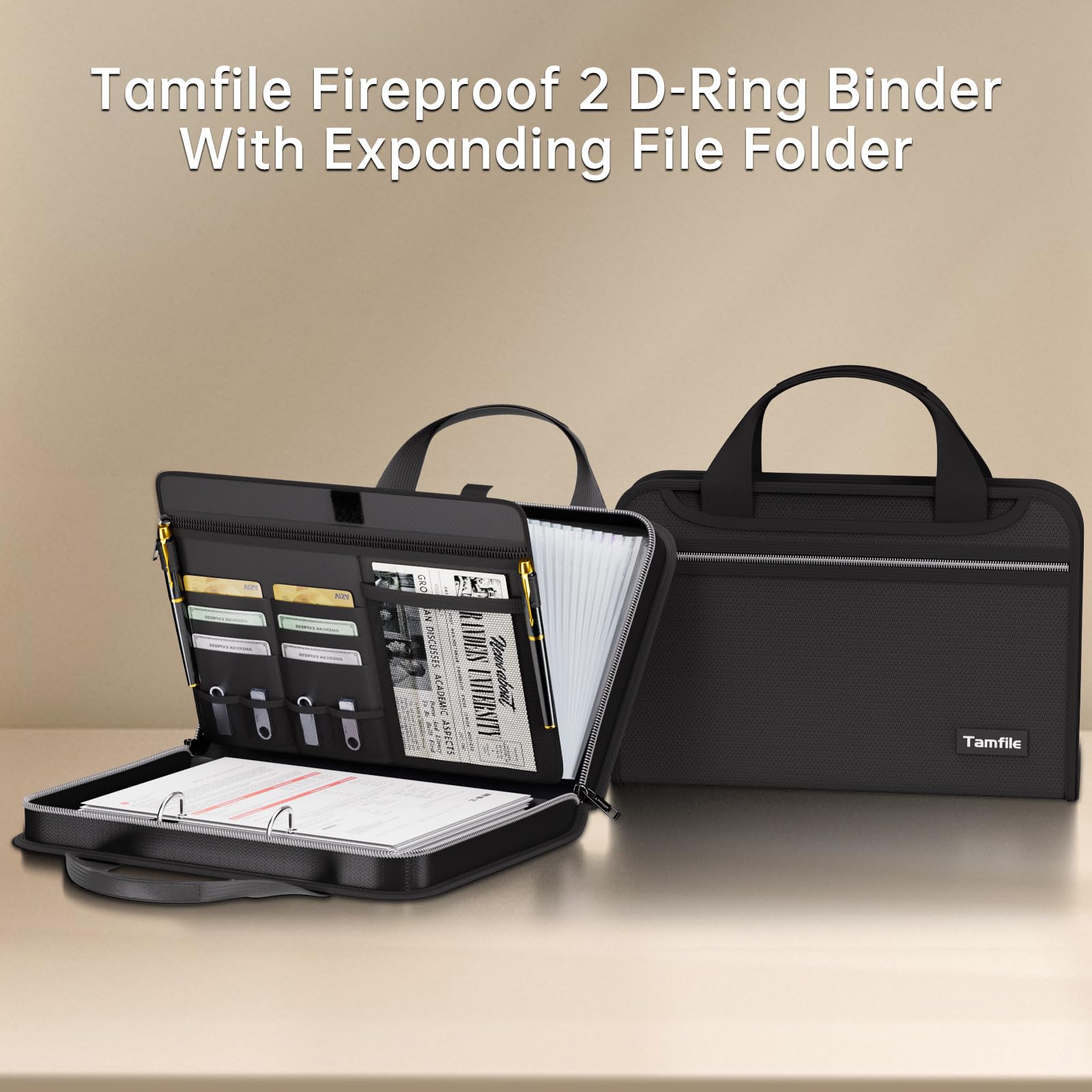 Tamfile Feuerfeste Ringbuch, DIN A4, mit 2 Ring-Mechanik, 13 Klar Fächern | Wasserfest, Ringordner, 45mm, Fächermappe Ordner, Aktenordner Sortiermappe mit Griffen, Erweiterbar Ordnungsmappe Mappe