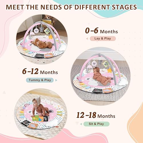 Miniatura 5 de Tapete de gimnasio y actividad para bebés, tapete 4 en 1 con almohada de apoyo, 7 juguetes sensoriales desmontables y tarjetas educativas para el