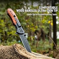 Vista 6 de Navaja de bolsillo para hombre – Cuchillos plegables de bolsillo con mango de madera de hoja afilada con clip, rompedor de vidrio, cuchillos EDC