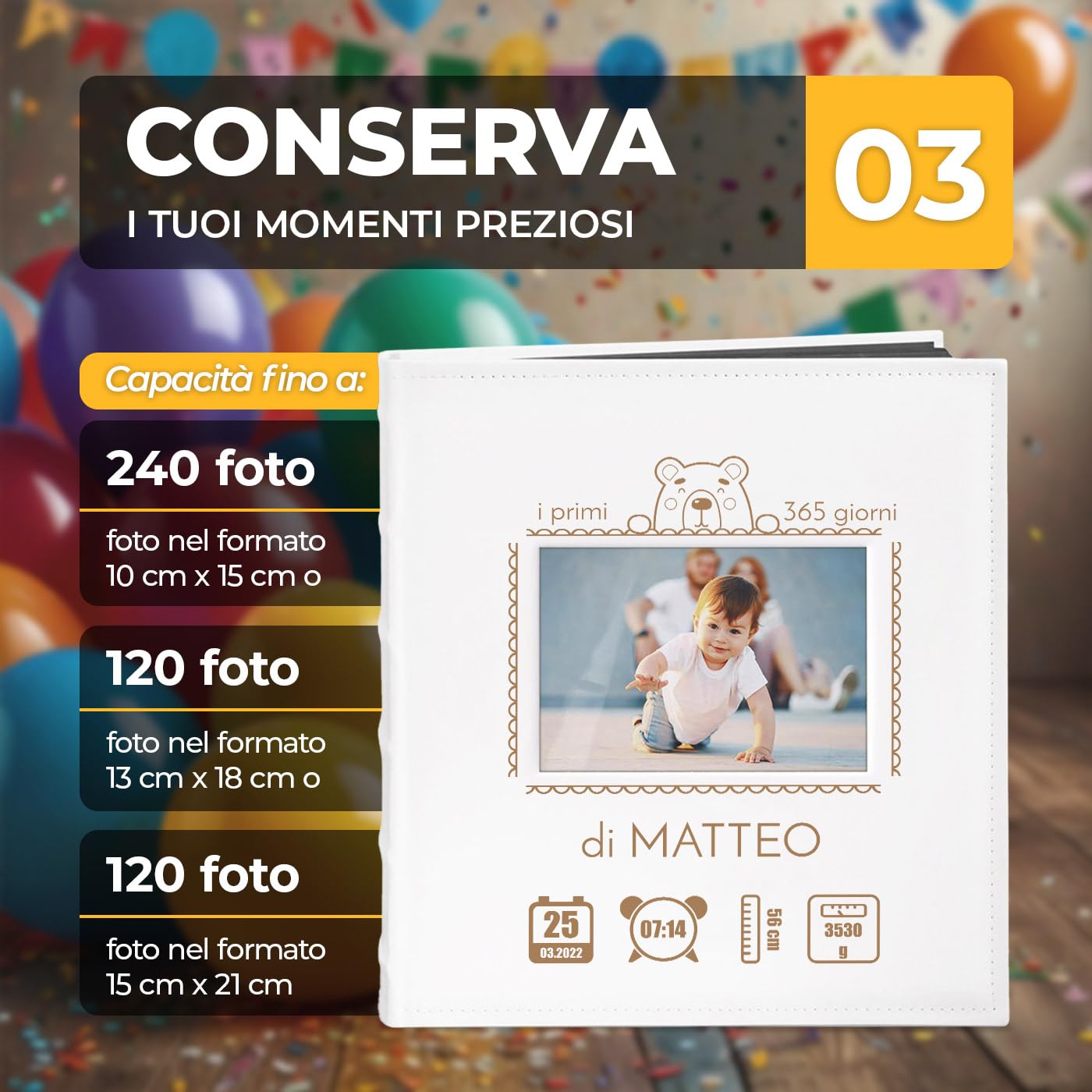 Maverton Album Foto, Copertina in Pelle Sintetica Bianca con Finestra | Personalizzazione con Stampa, 60 pagine nere, 240 foto 10x15 cm, idee regalo neonato, compleanno, Primi 365