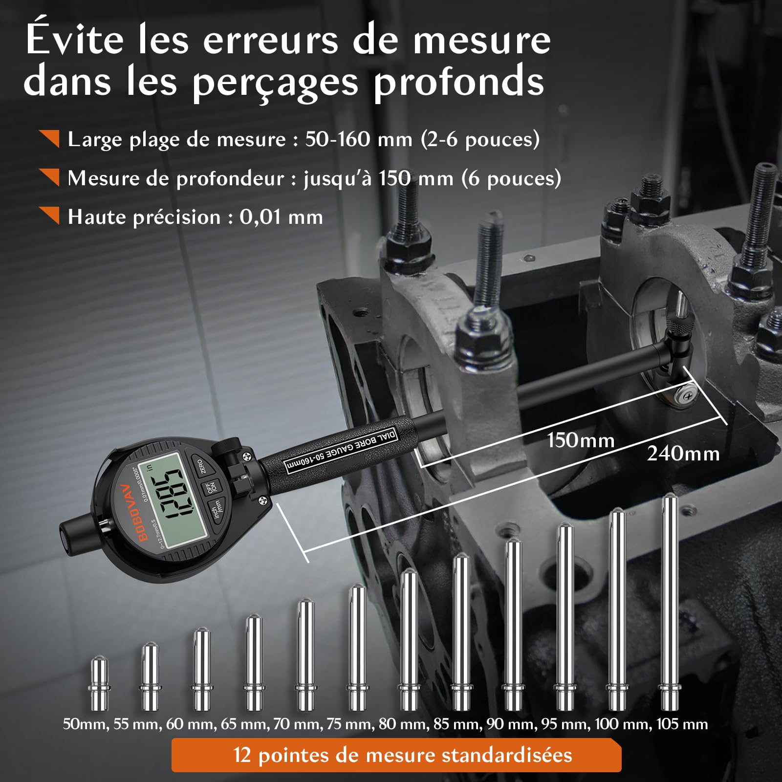 50-160 mm Jauge d'Alésage Numérique 0.01mm Jeu de jauges à cadran pour cylindres Comparateur de Précision avec 12,7mm Indicateur de Cadran 22 Tailles Têtes de Mesure