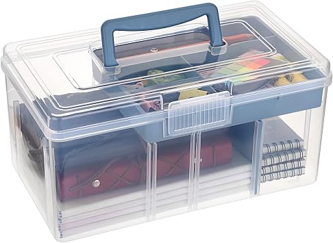 BTSKY 2 Layer Clear Plastic Dividing Storage Box with Removable Tray Multipurpose Stationery Storage Box with Handle Portable Sewing Box Art Craft Supply Organizer Home Utility Box Big Blue