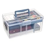 BTSKY 2 Layer Clear Plastic Dividing Storage Box with Removable Tray Multipurpose Stationery Storage Box with Handle Portable Sewing Box Art Craft Supply Organizer Home Utility Box (Big Blue)
