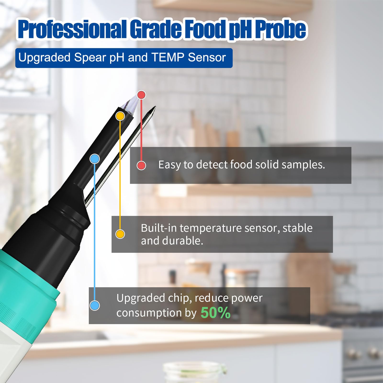 Medidor de pH de alimentos, probador digital de pH impermeable con sonda de pH y temperatura de alta precisión, ideal para masa madre, queso, muestras sólidas y alimentos líquidos, resolución