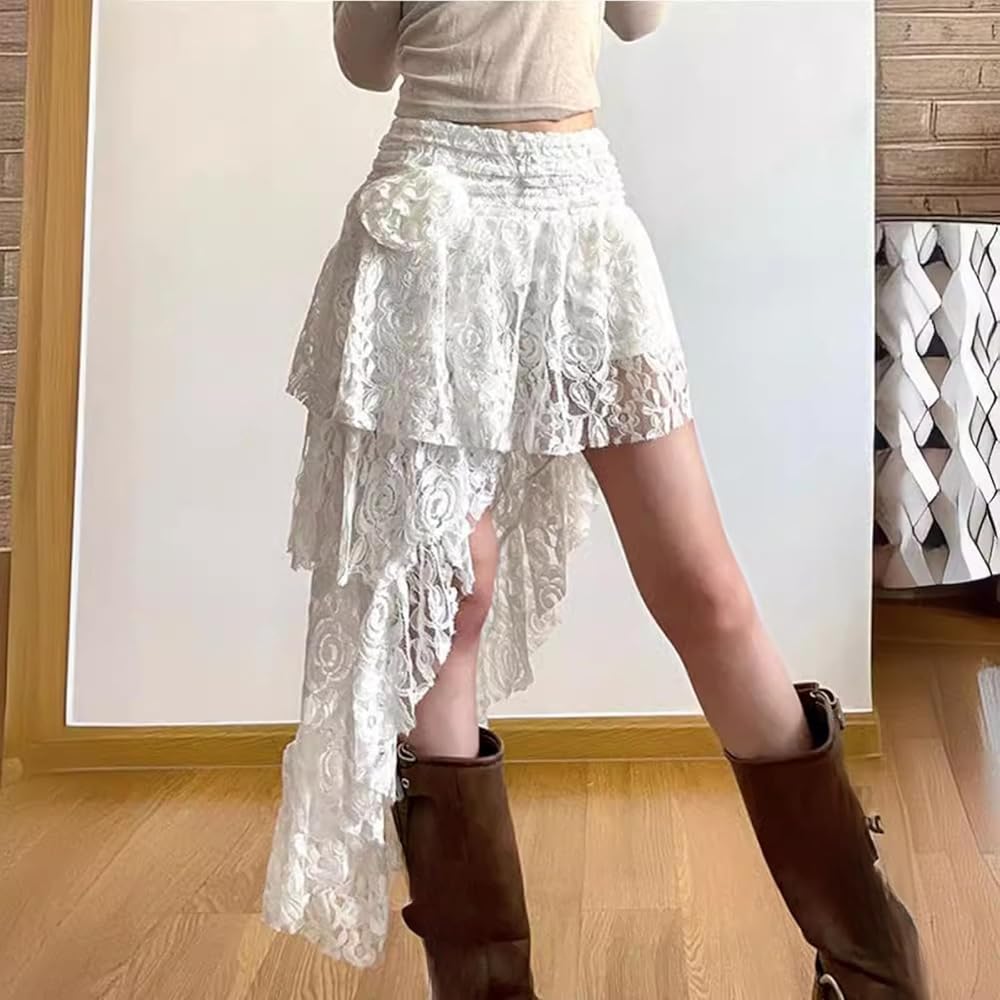 Hesaco Lace Skirt - Y2k Cream Asymmetrical Hem Coquette High Waist