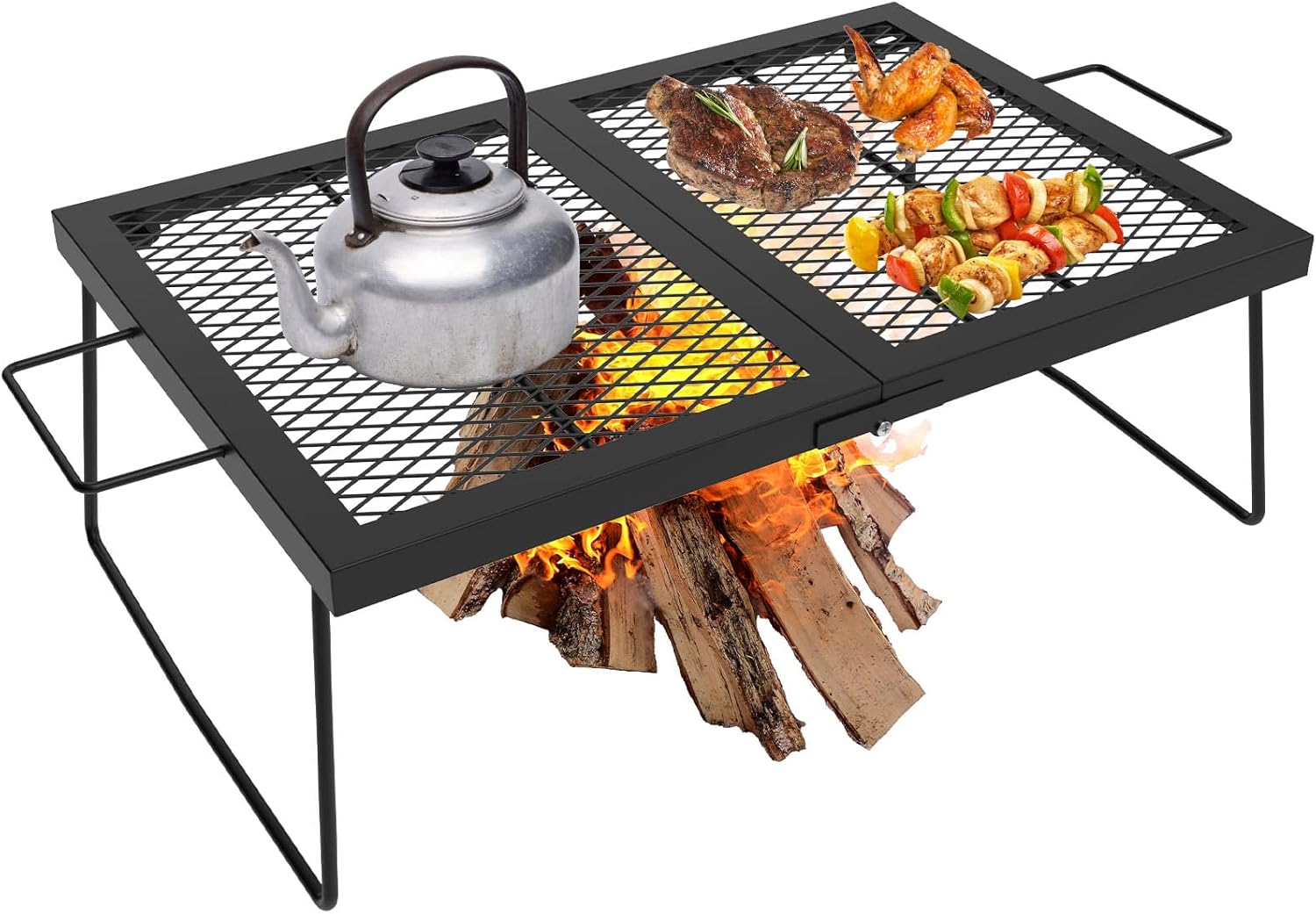 Folding campfire Grill Cooking Racks Campfire Grate Over Fire Pit, Fireplace Cooking Grate Fire grill Grate for Camping, Grill Grate Over the Fire Cooking Equipment Camping Accessories for Outside 23 inch with 2 Heights