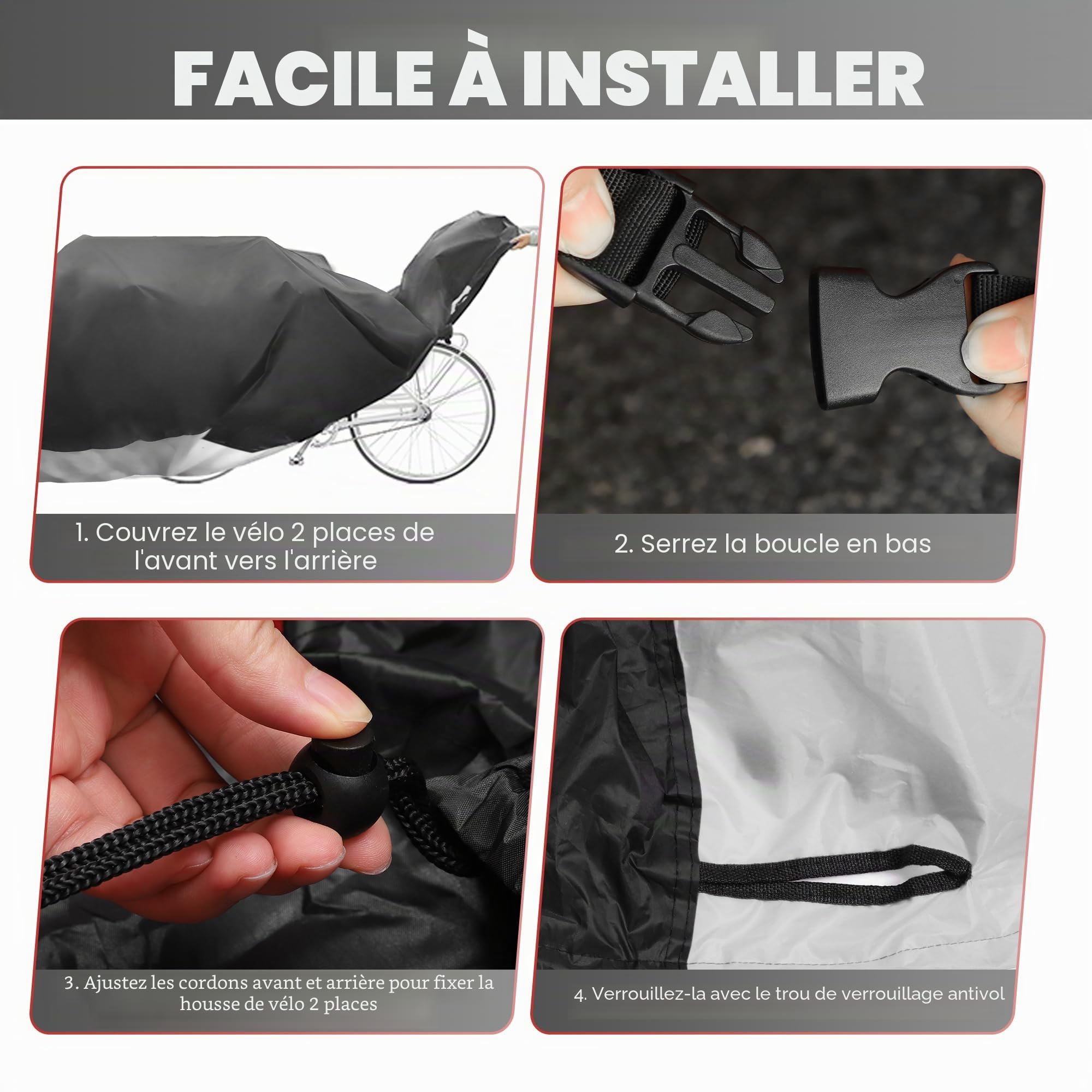 Uxcell Housse de protection pour vélo tandem 2 places, imperméable, tissu Oxford 210D, noir