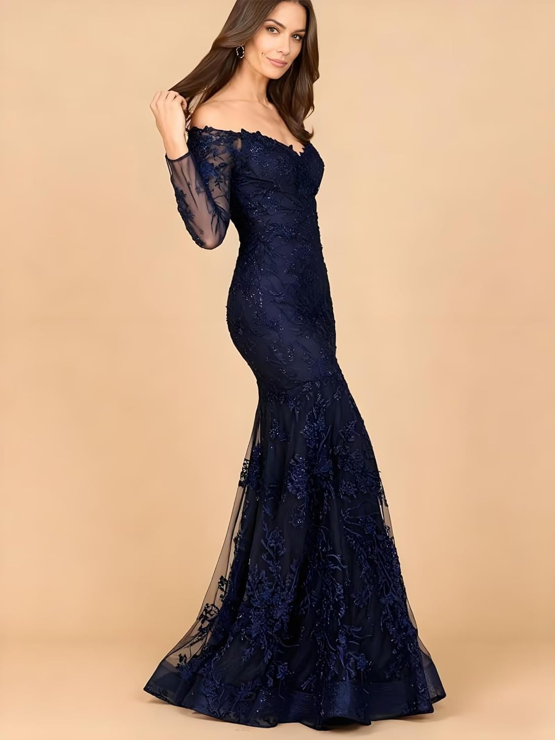 Laces Mermaid Mother of The Bride Dresses for Women 2026 V Neck Long Sleeves Off Shoulder Formal Wedding Guest Dress - Image 4