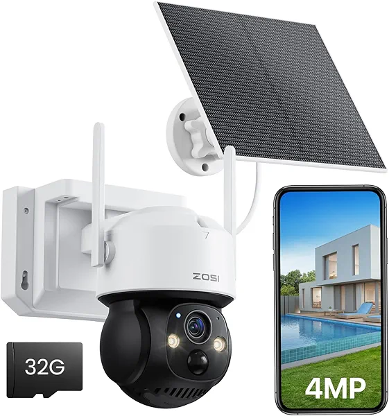 ZOSI C291 4MP Wireless Battery Security Outdoor Camera with Solar Panel, 2.5K 360 View Pan/Tilt Camera, Auto Track, PIR Human Detect, Color Night Vision, 2-Way Talk, Light Siren Alarm,32GB M