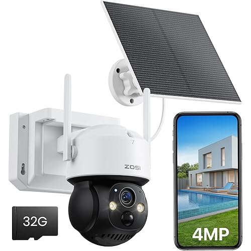 ZOSI C291 4MP Wireless Battery Security Outdoor Camera with Solar Panel, 2.5K 360 View Pan/Tilt Camera, Auto Track, PIR Human Detect, Color Night Vision, 2-Way Talk, Light Siren Alarm,32GB Memory Card