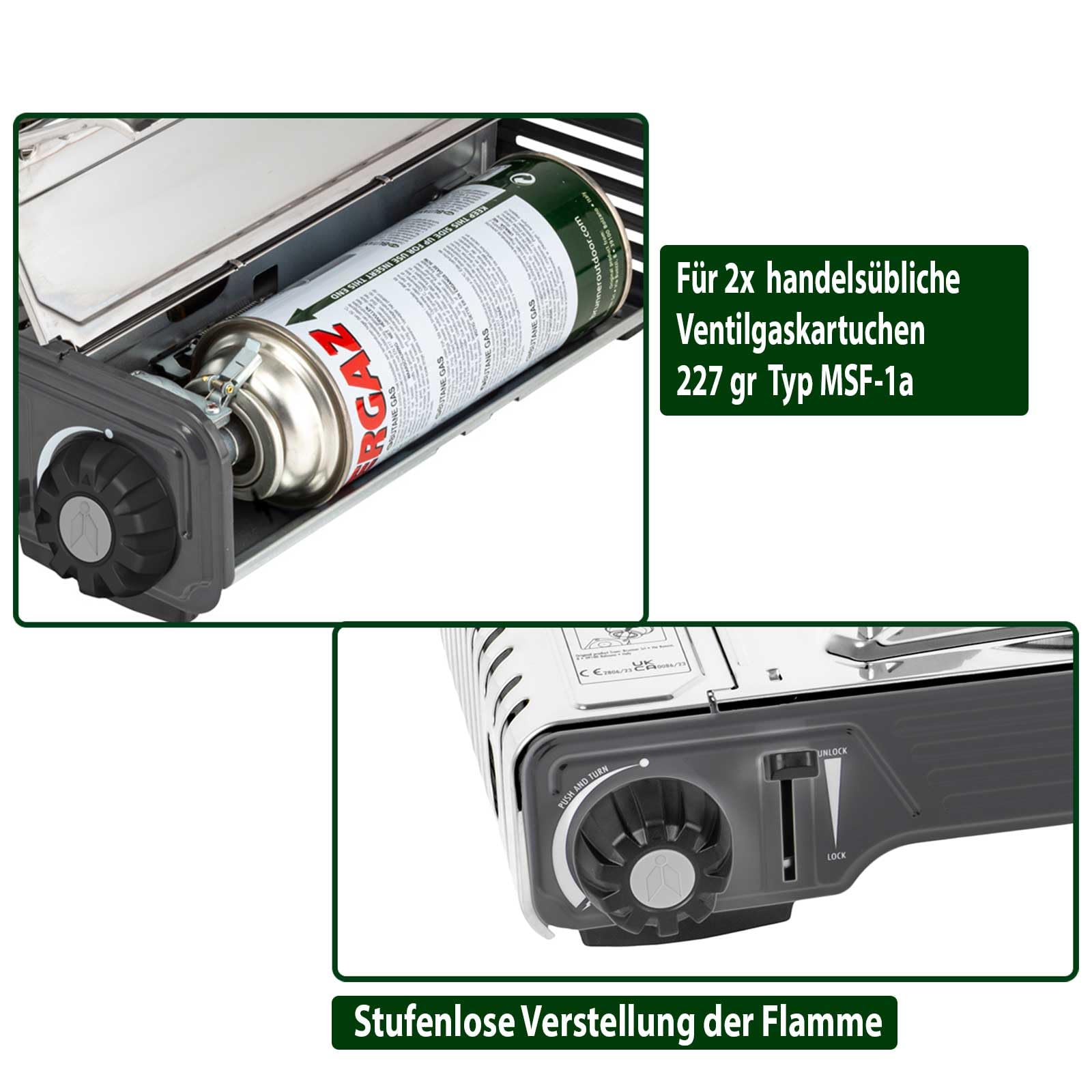 BRUNNER Gaskocher Zweiflammig DEVIL DOUBLE SD Zündsicherung Gas-Kartuschen | Camping-Kocher Zweiflammig Edelstahl DEVIL DOUBLE SD Zündsicherung für Ventil-Kartuschen Piezozündung + 1x Grillplatte