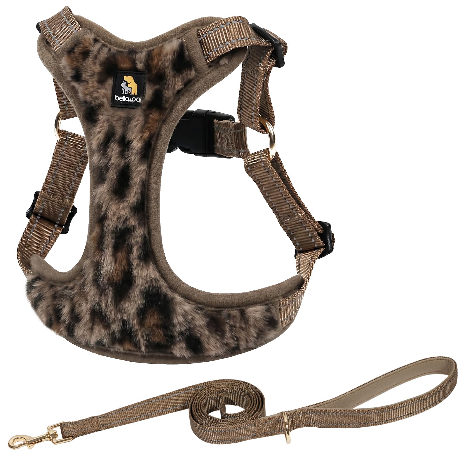 BELLA & PAL Dog Harness and Leash Set, Adjustable Step-in Vest for Puppy/XS/Small/Medium Dog, Soft Plush & Breathable Mesh Lining, Reflective Strips, Buckle Closure for Daily Walks, Leopard Brown, L