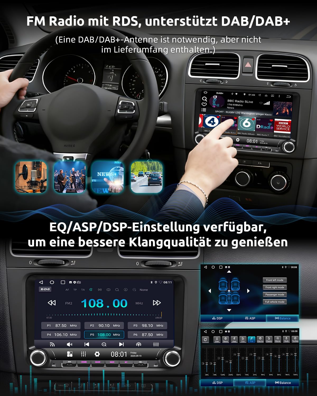 ESSGOO Android 14 Autoradio für VW Golf 5/6, T5, Passat, Polo, Touran, Tiguan, Caddy, Seat – 9" Touchscreen mit Wireless CarPlay/Android Auto, Plug & Play, 4+64GB, GPS Navi, Bluetooth