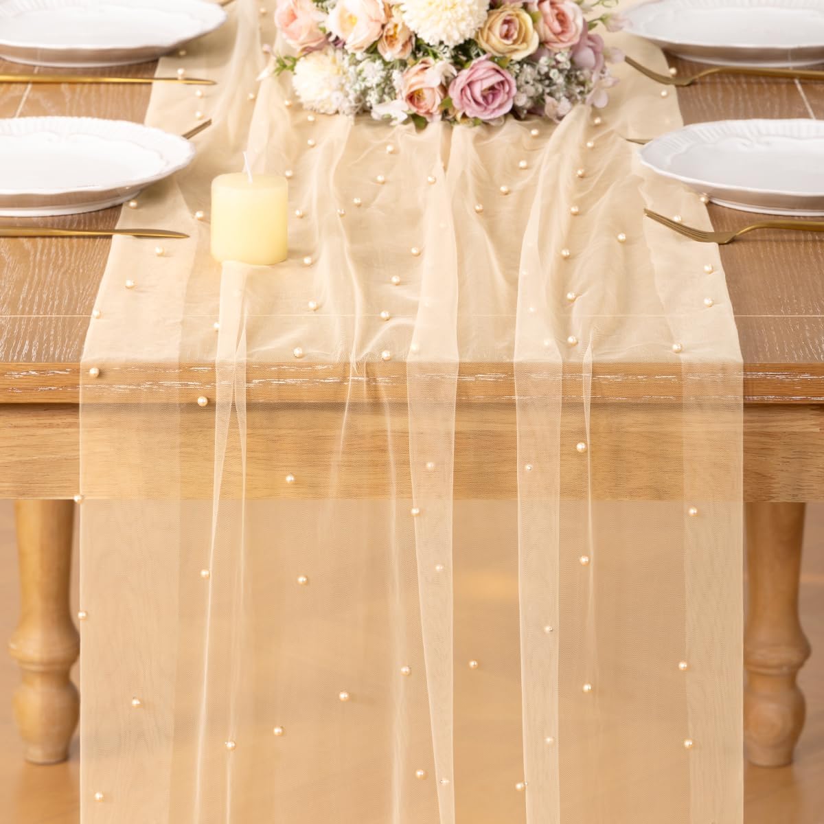 DeZerlor Pearl Champagne Gauze Table Runner 120 Inch 10FT, 2 Pack Seasonal Sheer Dining Holiday Wedding Birthday Baby Shower Table Decor for Home Party