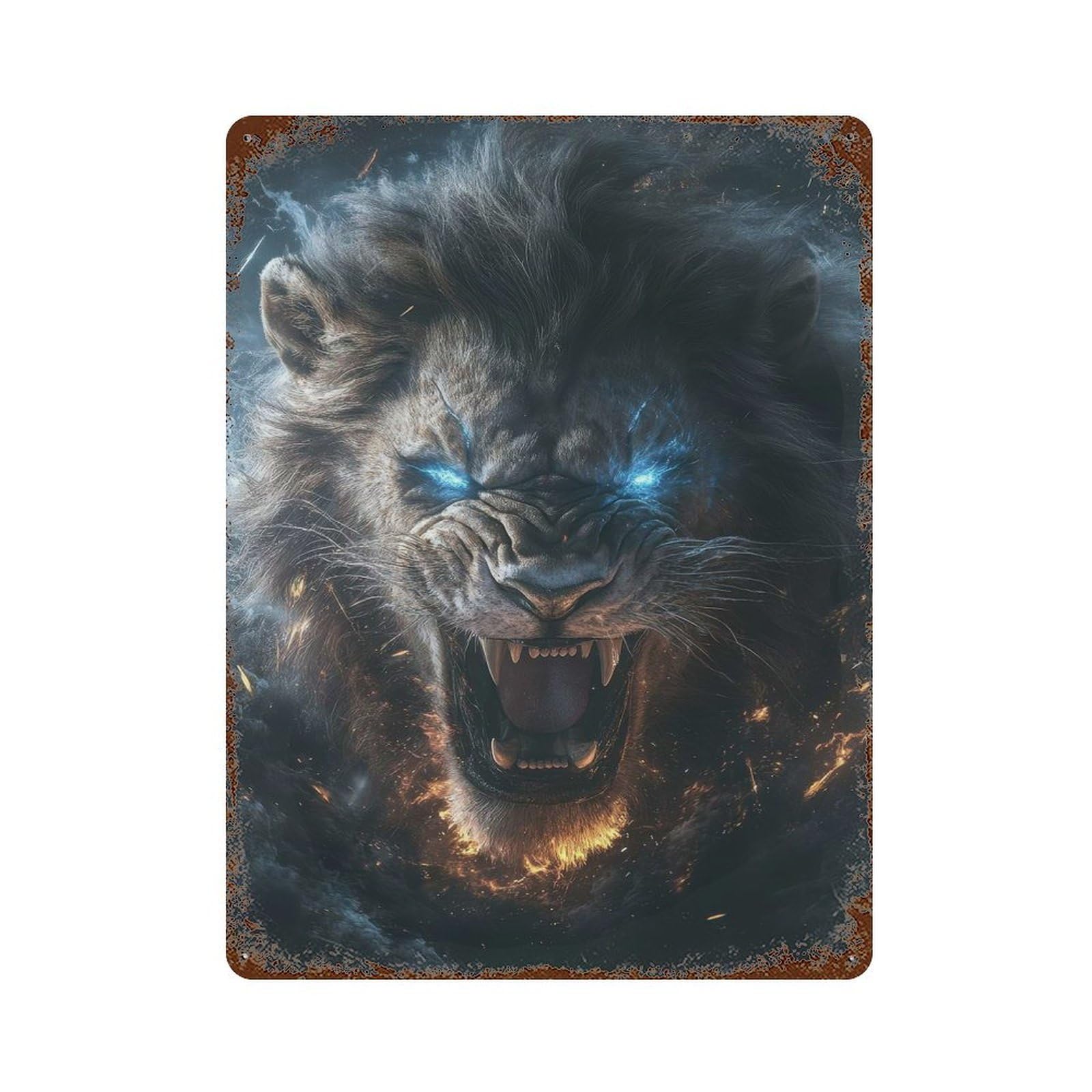 Fiery Lion Roar Rusty Metal Tin Sign 15.7"x11.8", Rustic Home Decor for Living Room, Hallway And Home Decor