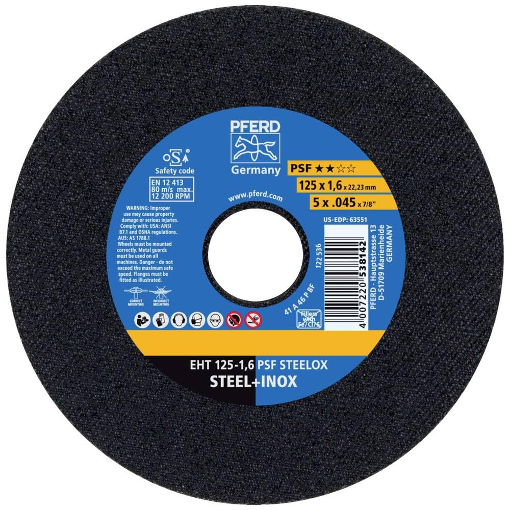 PFERD Disco da taglio EHT, 10 pezzi, 125 x 1,​6 x 22,​23 mm, dritto, linea universale PSF STEELOX | 69198296 – per acciaio e acciaio inox (INOX)
