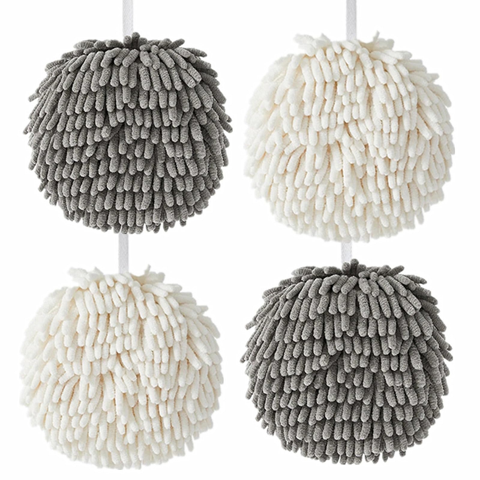 ASkinds 4 Pack Chenille Hand Towels, Hanging Hand Ball Drying Towels Absorbent Thick KitchenBathroom Microfiber Towel(Grey+White)