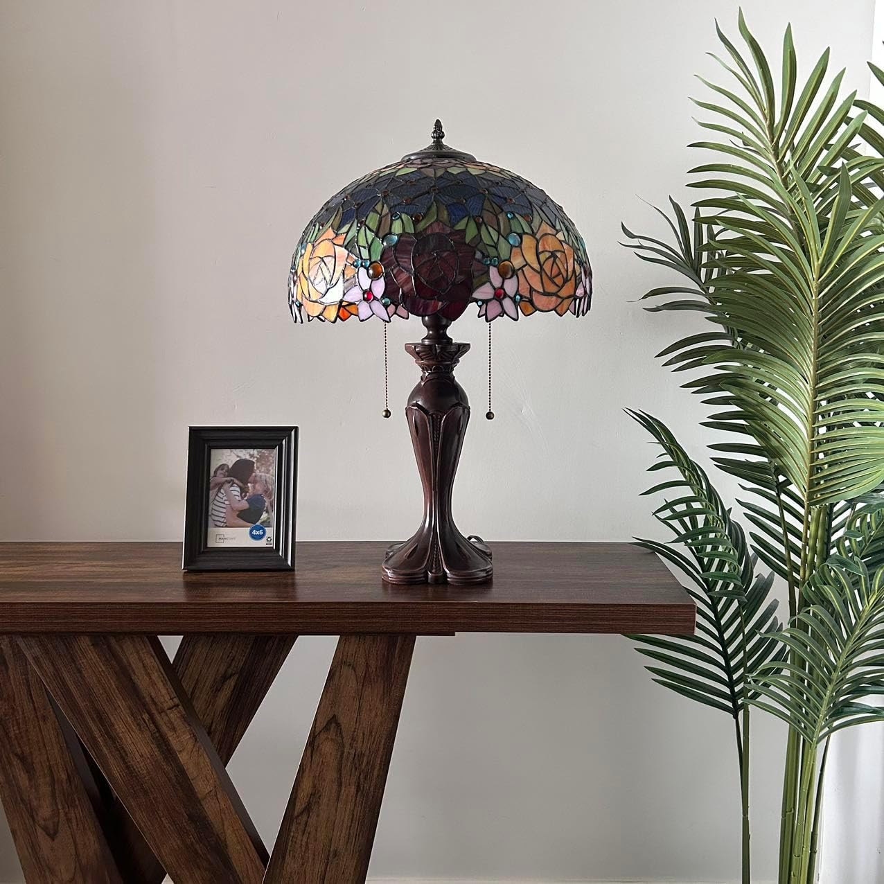 Tiffany Table Lamp Red Orange Blue Stained Glass Rose Flowers LED Bulbs Included for Living Room Bedroom Bedside 16" W*16" D*24" H