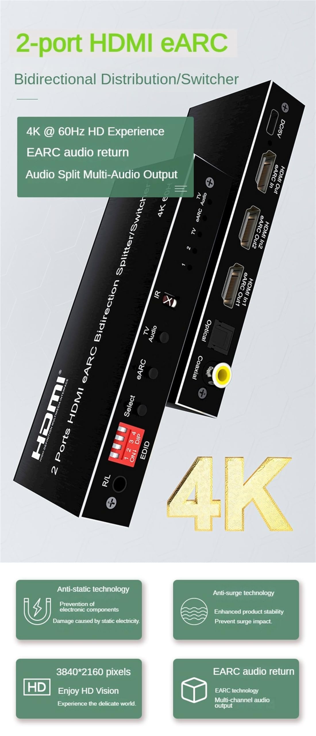 Estrattore audio HDMI eARC, 2/4 porte bidirezionale HDMI eARC Audio estrattore 4K 60Hz HDMI Toslink SPDIF COAXIAL 5.1CH Switch Audio HDMI & convertitore Splitter (2 porte HDMI)