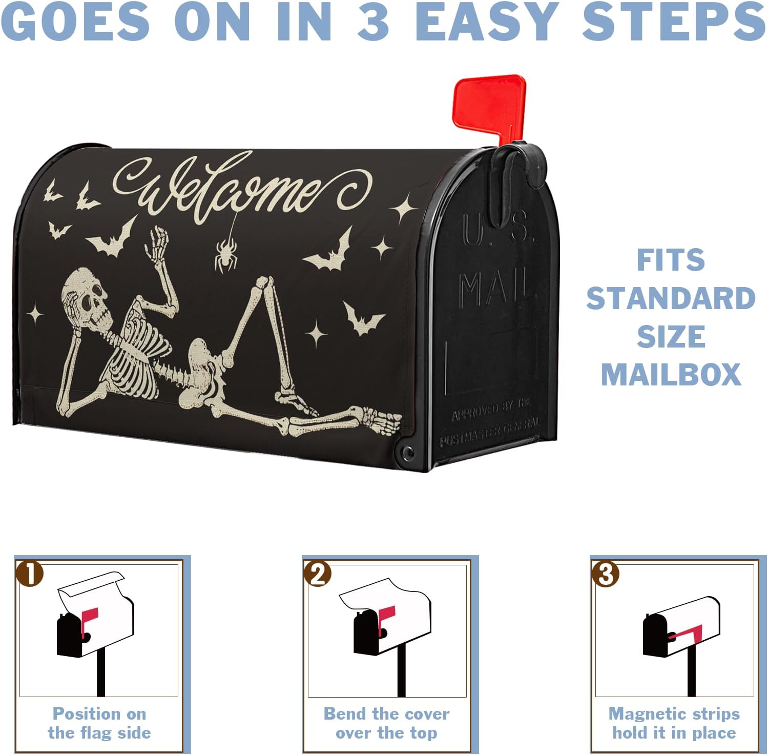 Welcome Halloween Mailbox Covers Skeletons Skull Bat Spider Mailbox Post Cover Letter Box for Garden Standard Size 21x18 in for Yard Home Decor