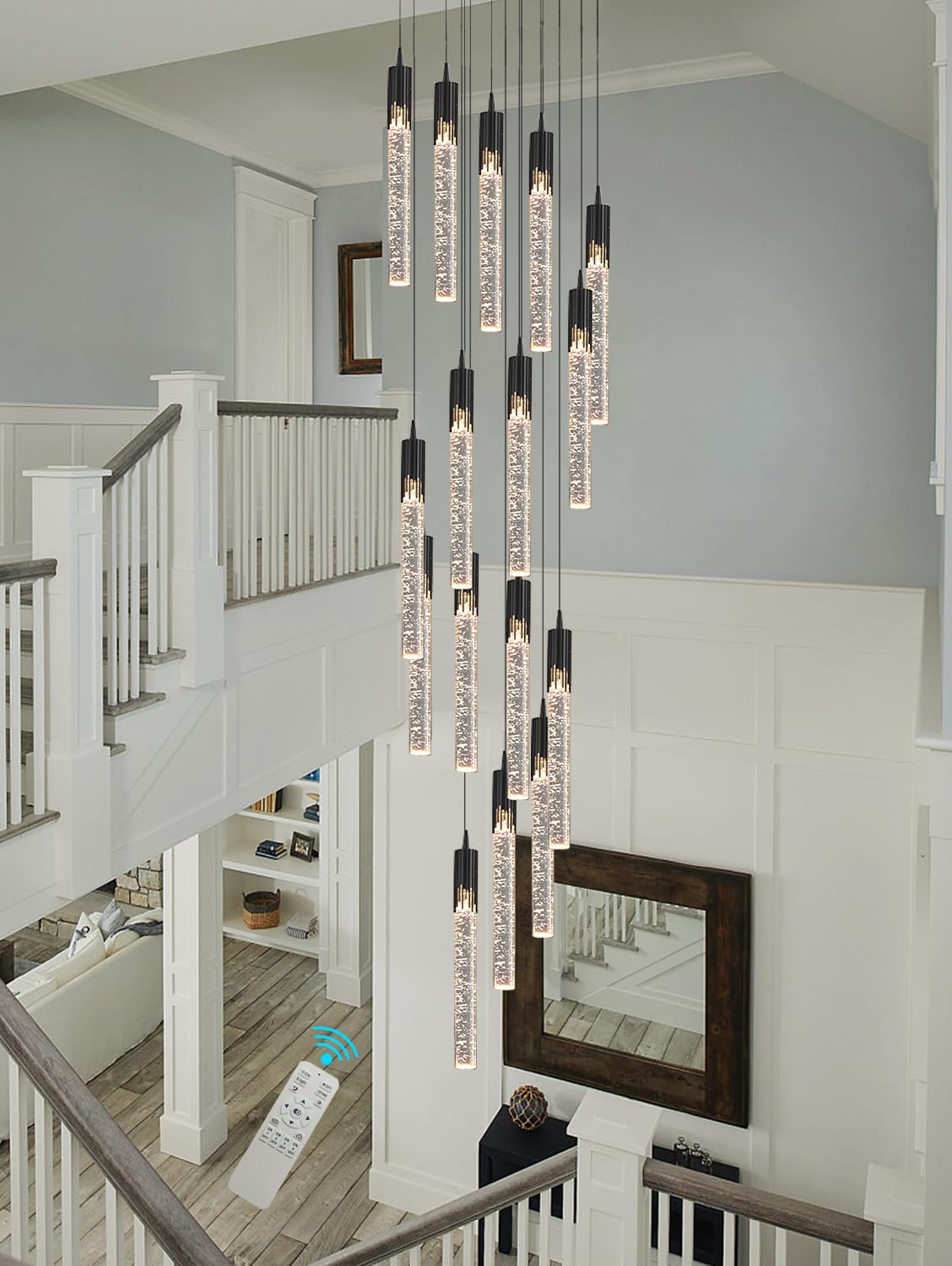 PCXEHUYP 11ft Modern Black Chandelier - 16 Lights Transparent Crystal Bubble Pendant Dimmable 2700K-6000K Ideal for High Ceilings & Villa Entrances, Foyer Lighting