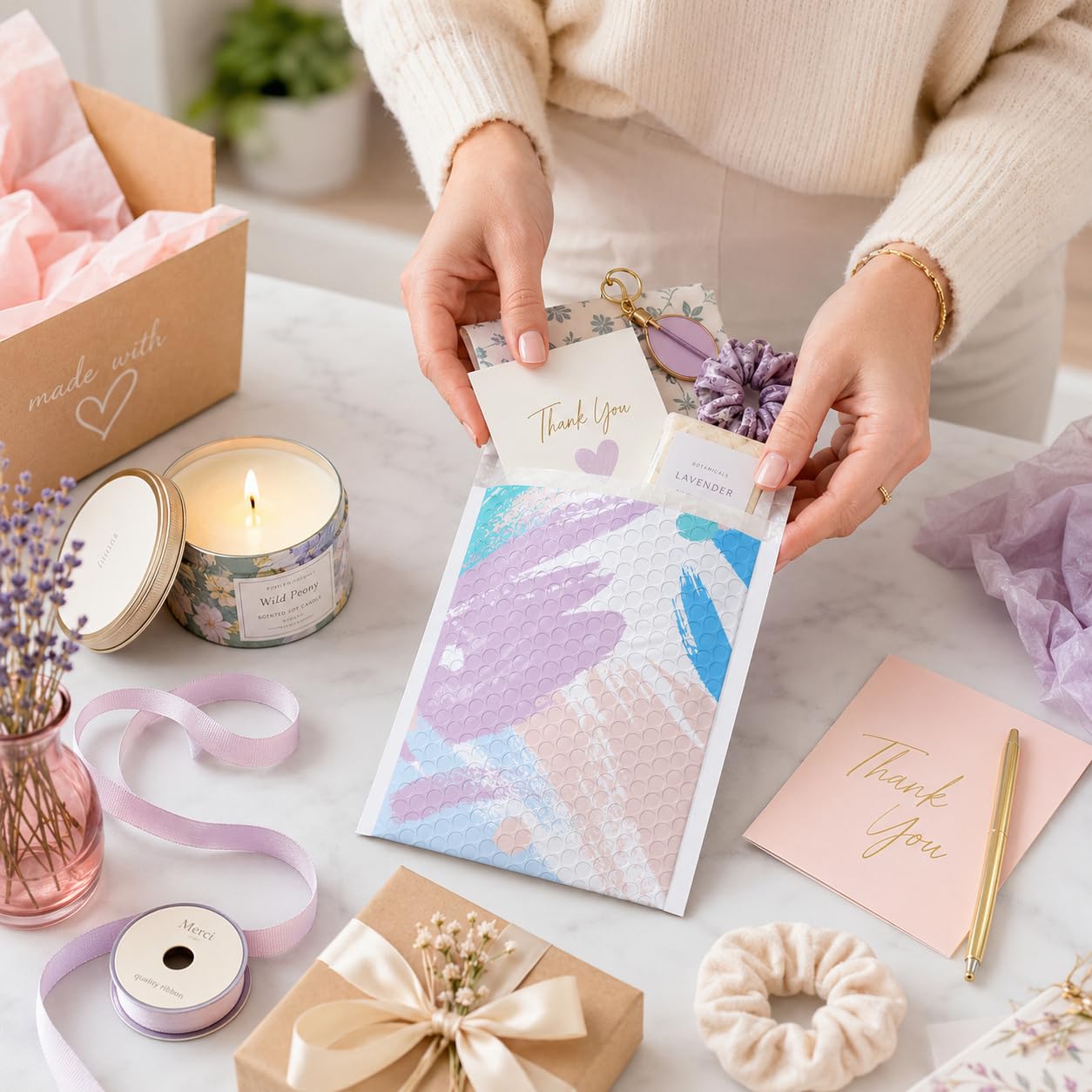 Fuxury Bubble Mailers - Buste imbottite con colori pastello ad acquerello, 15,4 x 25,4 cm, confezione da 100