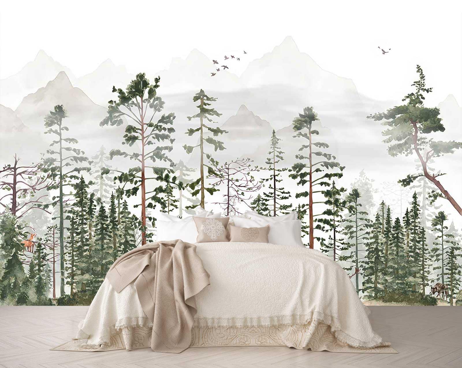 Animals Forests Birds Nature Landscapes Wall Mural, Hazy Mountains Wallpaper for Interior Background Wall Decoration（Not Peel and Stick）
