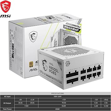 مزود طاقة Msi Mag A850gl أبيض 850 وات 80 بلس ذهبي 120 مم